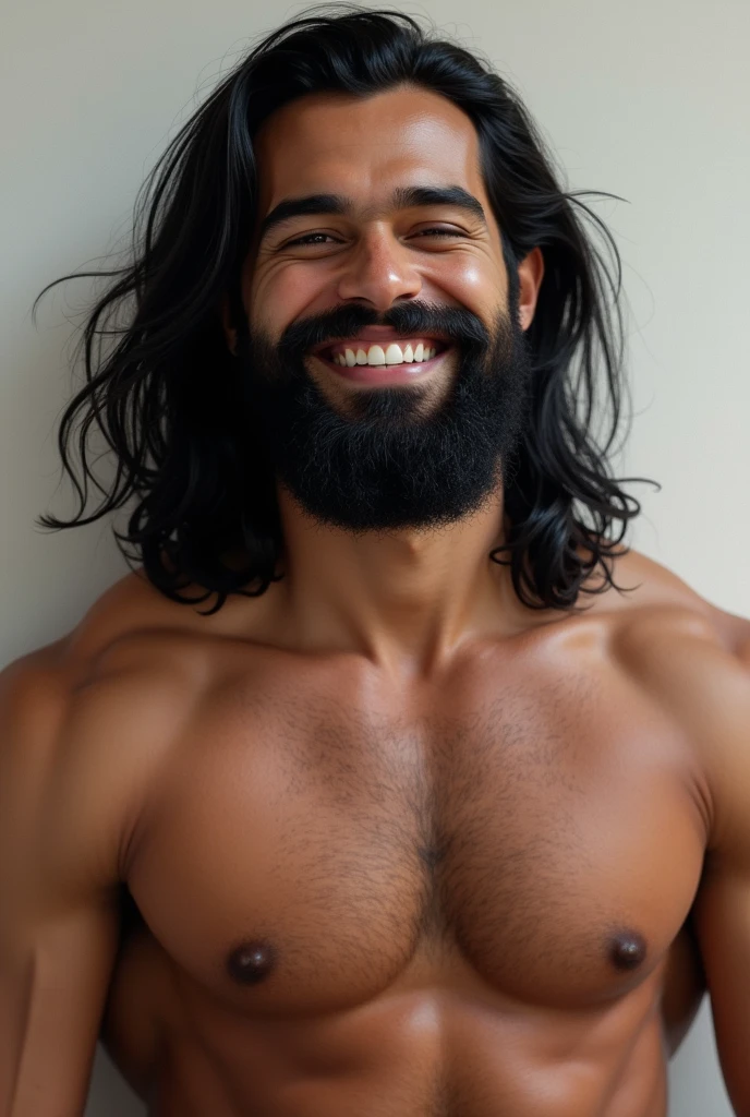 Create an image of a young man with black hair, long to shoulder height and straight and beard with long and beautiful hairs in the gradient. Extremely strong man with the best physique in the world, with the most beautiful shape in all of history. Happiest and most beautiful there is 