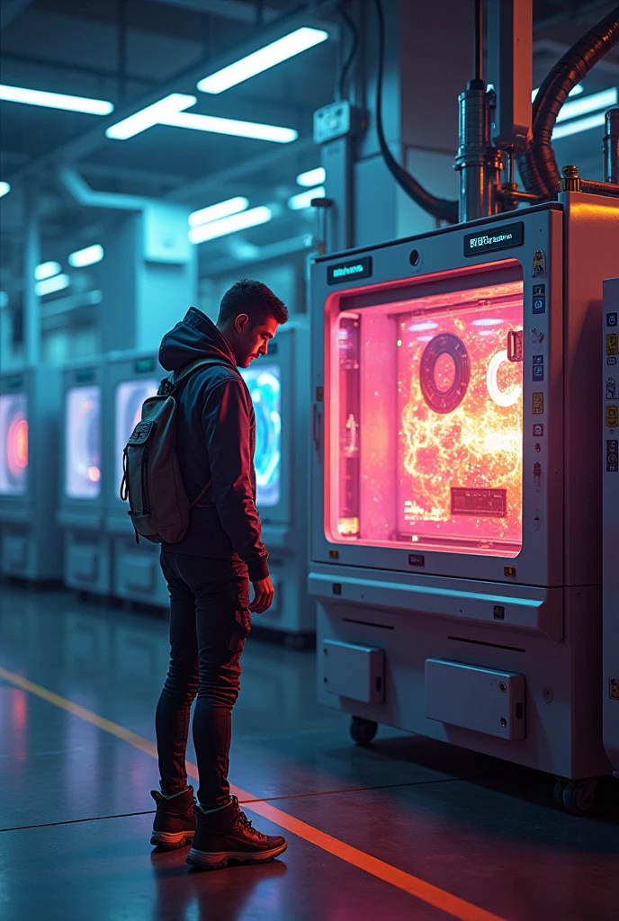 A media technologist standing in front of a broken doctor blade at a flexo printing ink unit, full of color, is annoyed, sci-fi style