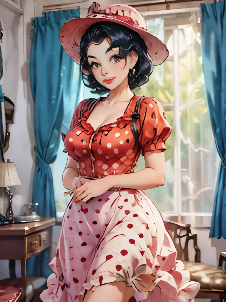 woman in polka dot dress and hat holding red purse, a portrait by Aneurin Jones, flickr, kitsch movement, pinup style, rockabilly style, dressed like in the 1940s, vintage dress, sixties pinup, 50s style, 5 0 s style, ww2 era, in a dress, retro pinup model, pinup pose