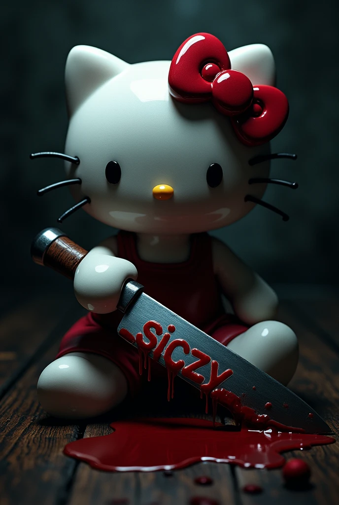 Dark background with Hello Kitty character and a knife with siczy written in blood 

