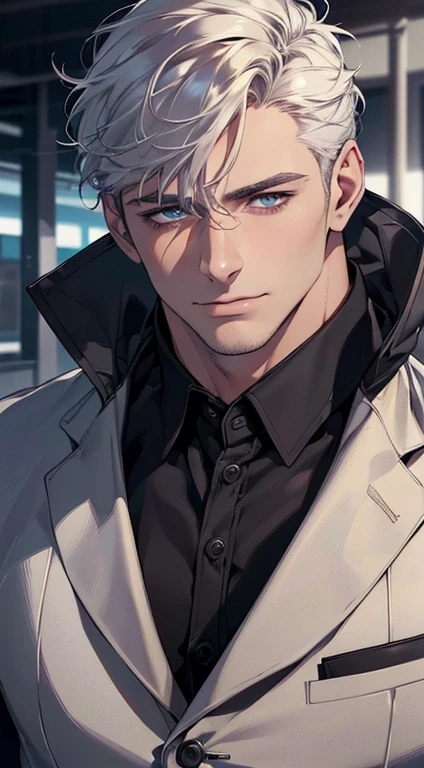 (best quality,4k,8k,highres,masterpiece:1.2),ultra-detailed,(realistic,photorealistic,photo-realistic:1.37),1 man,3,mature man,very handsome,without expression,smile,short white hair,blue eyes,penetrating gaze,perfect face without errors,imposing posture,businessman,office background,cinematic lighting,hdr image