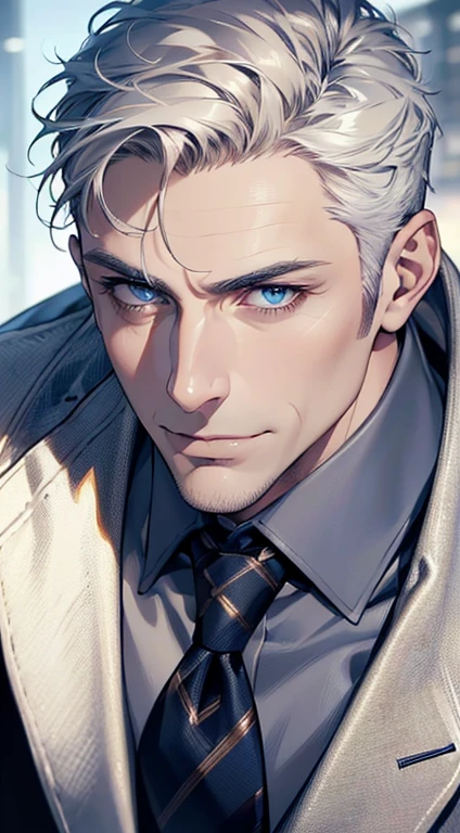 (best quality,4k,8k,highres,masterpiece:1.2),ultra-detailed,(realistic,photorealistic,photo-realistic:1.37),1 man,3,mature man,very handsome,without expression,smile,short white hair,blue eyes,penetrating gaze,perfect face without errors,imposing posture,businessman,office background,cinematic lighting,hdr image