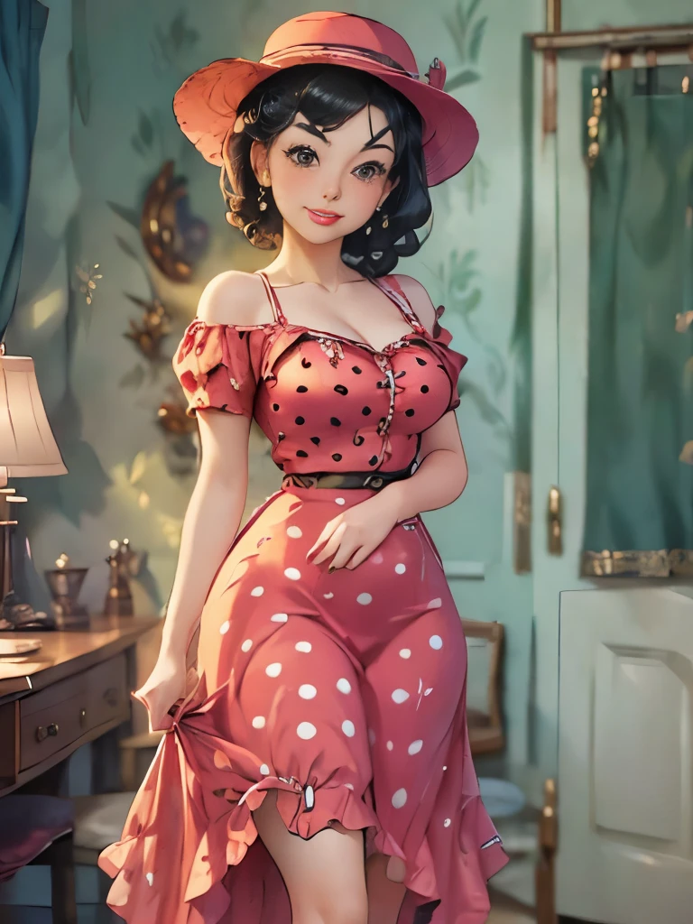 woman in polka dot dress and hat holding red purse, a portrait by Aneurin Jones, flickr, kitsch movement, pinup style, rockabilly style, dressed like in the 1940s, vintage dress, sixties pinup, 50s style, 5 0 s style, ww2 era, in a dress, retro pinup model, pinup pose