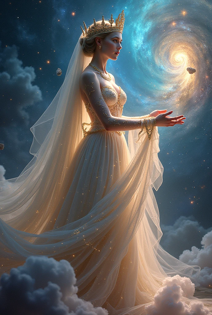 Setting:
• A swirling vortex of stars, galaxies, and stardust serves as the throne room of the Celestial Queen.
• Nebulas dance like celestial tapestries, their vibrant hues echoing across the infinite void.
• Asteroids and comets orbit gracefully, forming a luminous court around the Queen's presence.
Subject:
• A regal woman, her gaze holding the wisdom of eons and the power of countless supernovae.
• Her skin shimmers with a faint starlight, reminiscent of distant constellations.
• A flowing gown, woven from stardust and cosmic filaments, clings to her form, cascading into a nebula-like train.
• A crown of radiant asteroids, adorned with glowing meteorites, sits atop her head, radiating celestial authority.
• Wispy nebulae swirl around her fingertips, each gesture commanding the very fabric of space and time.
Details:
• Her eyes, deep pools of swirling galaxies, hold both the vastness of the cosmos and the unyielding gaze of a ruler.
• A diaphanous veil, woven from moonlight, casts an ethereal glow upon her features.
• Tiny constellations dance across her bare arms, like living tattoos reflecting the celestial map.
• Her voice, a soft echo of cosmic vibrations, resonates through the void, carrying pronouncements and ancient wisdom.
Technical Specifications:
• Resolution: High-resolution, capturing the intricate details of the nebulae, gown, and celestial adornments.
• Lighting: Soft, ethereal glow from the stars and stardust, with subtle highlights from distant quasars.
• Textures: Translucent and shimmering textures for the gown, nebulae, and stardust particles.
• Focus: On the Queen's majestic presence and the interplay of light and shadow in the cosmic setting.
• Color palette: Vibrant but muted hues of blue, purple, gold, and silver, reminiscent of a celestial landscape.
Mood: Awe-inspiring, powerful, and deeply ethereal. Capture the timeless beauty of the Celestial Queen and the boundless reach