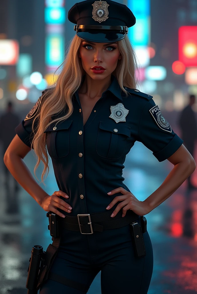 1girl, (Blue Eyes), (angry face :1.2), (Sana Minatozaki), wide hips, Big tits, big ass, (Best Quality, 8k, Masterpiece: 1.3), Clear Focus: 1.2, Perfect Body Beauty: 1.4, strong abs :1.2, Highly detailed face and skin texture, detailed eyes, double eyelids, (black lined eyes :1.1), red lips, (blond long hair :1.2), black latex pants, sexy police uniform, police shirt, police badge, Police cap, gun belt, standing, hands on the hips :1.3, on the streets of new york at night, blurred background