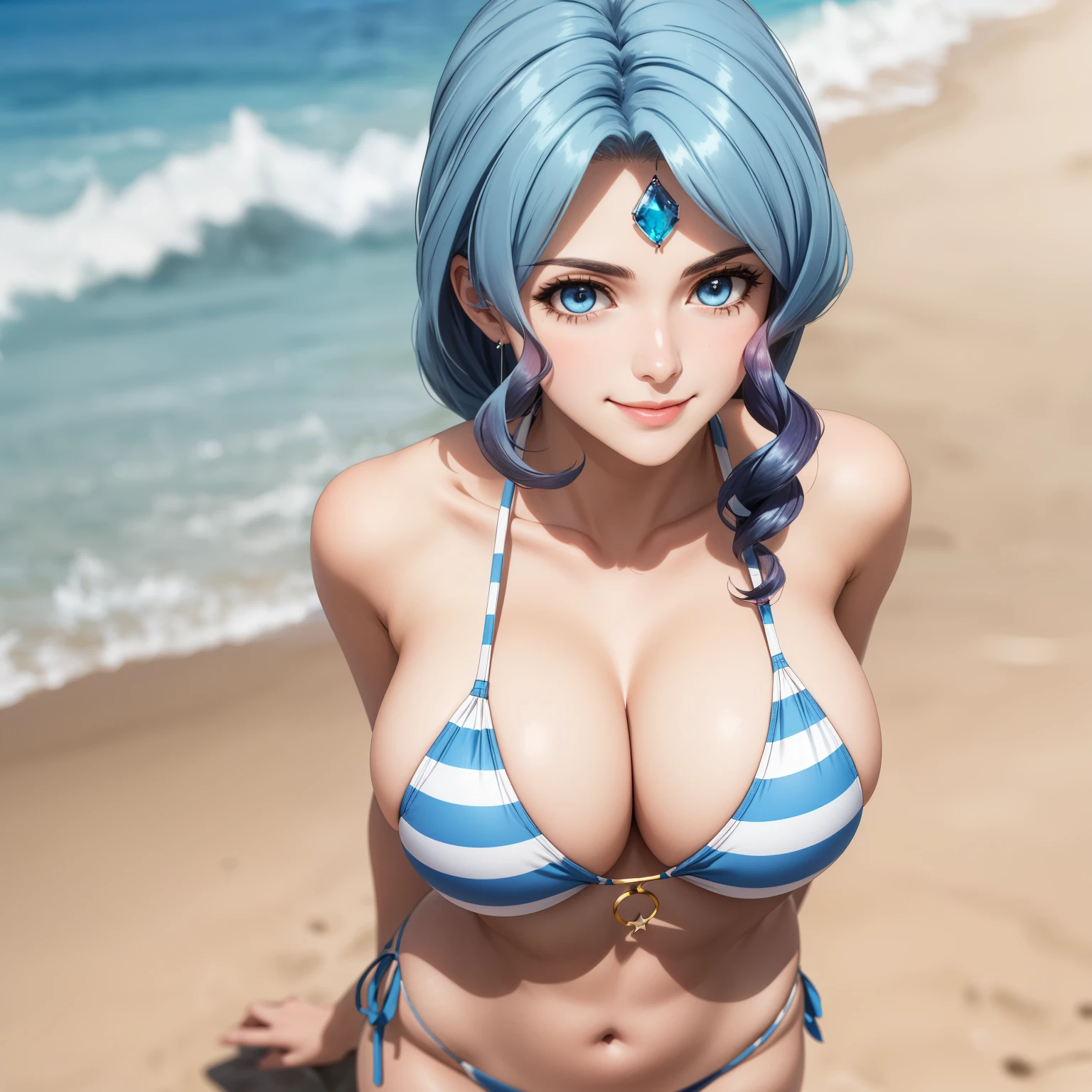 Teresa Alexandrite, 25 year old woman , by the celestial, blue eyes, a jewel on his forehead, big breasts, smile, blush, striped light blue bikini, background a sunny beach.