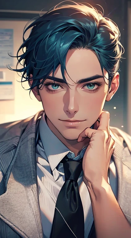 (Highest quality,4K,8K,High resolution,masterpiece:1.2),Super detailed,(Realistic,photoRealistic,photo-Realistic:1.37),1 personld,Mature Men,Beautiful skin、very handsome,Expressionless smile in love,Short blue hair,green eyes,Sharp Eyes,A perfect face without a doubt,Businessman, CEO, Office Background,Cinema Lighting,HDR image,tie、