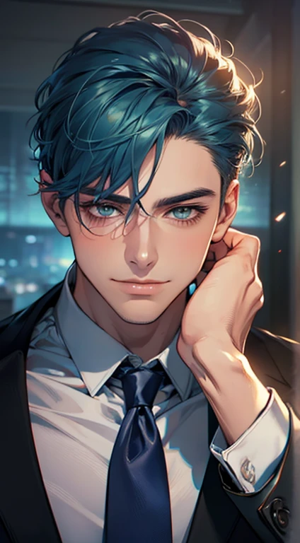 (Highest quality,4K,8K,High resolution,masterpiece:1.2),Super detailed,(Realistic,photoRealistic,photo-Realistic:1.37),1 personld,Mature Men,Beautiful skin、very handsome,Expressionless smile in love,Short blue hair,green eyes,Sharp Eyes,A perfect face without a doubt,Businessman, CEO, Office Background,Cinema Lighting,HDR image,tie、