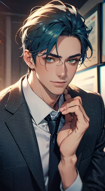 (Highest quality,4K,8K,High resolution,masterpiece:1.2),Super detailed,(Realistic,photoRealistic,photo-Realistic:1.37),1 personld,Mature Men,Beautiful skin、very handsome,Expressionless smile in love,Short blue hair,green eyes,Sharp Eyes,A perfect face without a doubt,Businessman, CEO, Office Background,Cinema Lighting,HDR image,tie、
