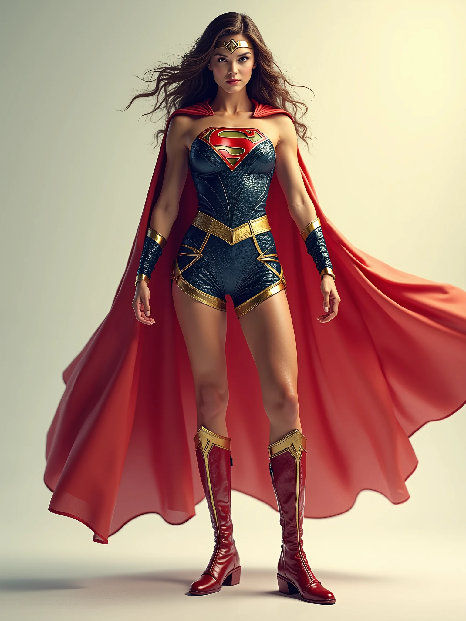 Generate a female superhero's back image, wearing a cape, full body image, high resolution image, light background image.