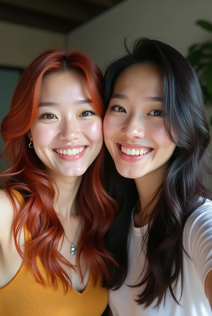 Photo of two twenty-year-old women with Asian features, together en una selfie, realist, one redhead and one brunette, together