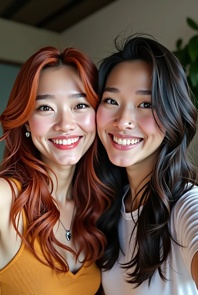 Photo of two twenty-year-old women with Asian features, together en una selfie, realist, one redhead and one brunette, together