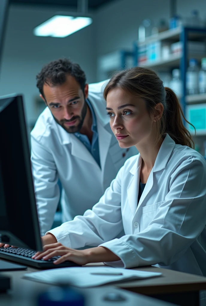 Woman, European, sitting on a chair in front of a computer, cientist, 's uniform , hall, laboratory, naughty man, cientist ao lado dela
