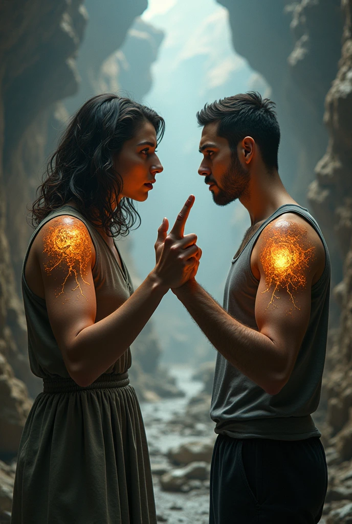 I want to draw two people side by side doing a double take with their arms forward, one arm close to the other making a gesture with their finger as if they were going to do a take, one arm straight and the other with the left doing the take, the one on the right is without the hand of the left arm and on the shoulder of the right arm there is a kind of crack or portal and the other character has the same thing but on the left arm which is in an epic scene.