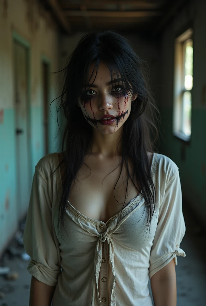 realist:1.3, perfect image quality, high definition and resolution,( fotorrealist, 8k, RAW Photos, Premium quality, masterpiece, epic lighting. close up, Centered image), (foreground),(masterpiece, Best Quality), woman 20 years young, Thai, dark makeup, dirty white shirt, messy long hair, big breast, ((full body pose, random pose)), hard shadows portrait dark, highres, high quality, high resolution, hd, 4k, masterpiece, realistic, cinemaic light, background inside a burnt warehouse, thick black blood flowed from his eyes. His lips curved into a thin smile that seemed full of dark secrets.