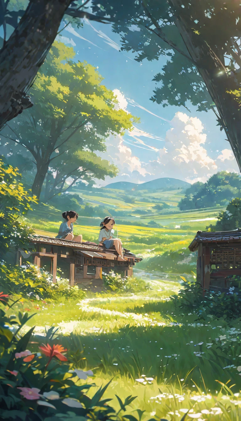 In the summer, Two children sitting on the grass in rural China, Watching the white clouds drift across the blue sky, Surrounded by lush fields under the sun, Create a peaceful and beautiful scenery. Inspired by the style of animation, high resolution, high quality, High Detail, high noise, Fine details, This illustration captures the essence of a quiet country day，The focus is on the children&#39;s faces.