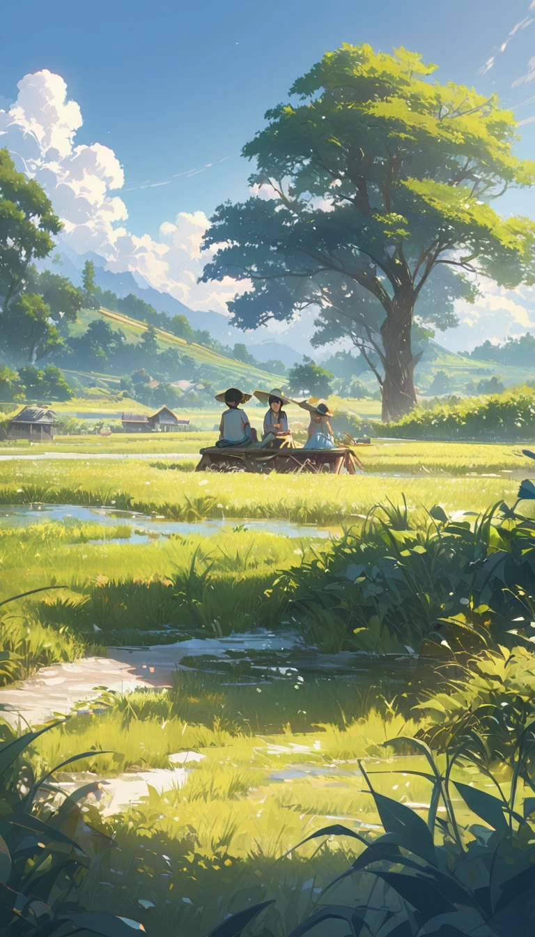 In the summer, Two children sitting on the grass in rural China, Watching the white clouds drift across the blue sky, Surrounded by lush fields under the sun, Create a peaceful and beautiful scenery. Inspired by the style of animation, high resolution, high quality, High Detail, high noise, Fine details, This illustration captures the essence of a quiet country day,The focus is on the children's faces.