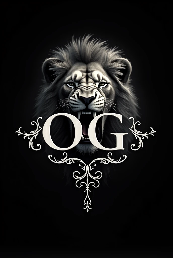 Make a very elegant OG logo Without letters Just the OG logo in black background and white letters Make it more elegant and fine With decorations and a lion behind the logo Have the lion roar Just the face of the lion roaring from the front