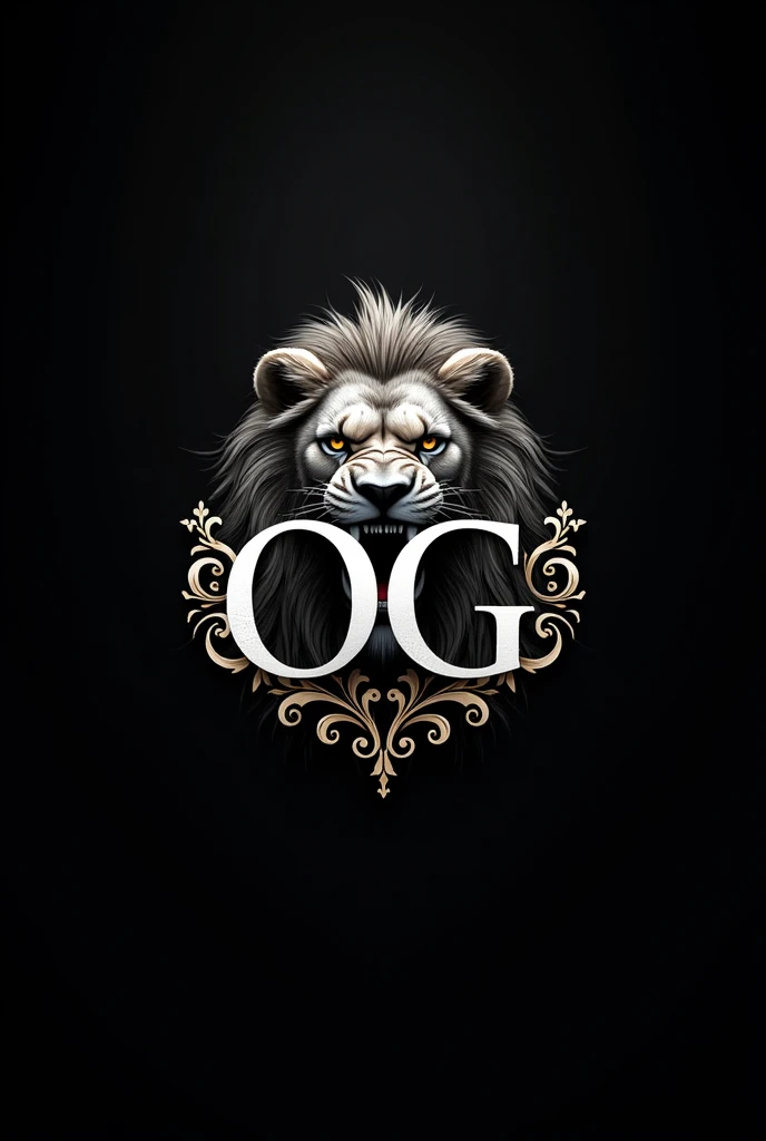 Make a very elegant OG logo Without letters Just the OG logo in black background and white letters Make it more elegant and fine With decorations and a lion behind the logo Have the lion roar Just the face of the lion roaring from the front