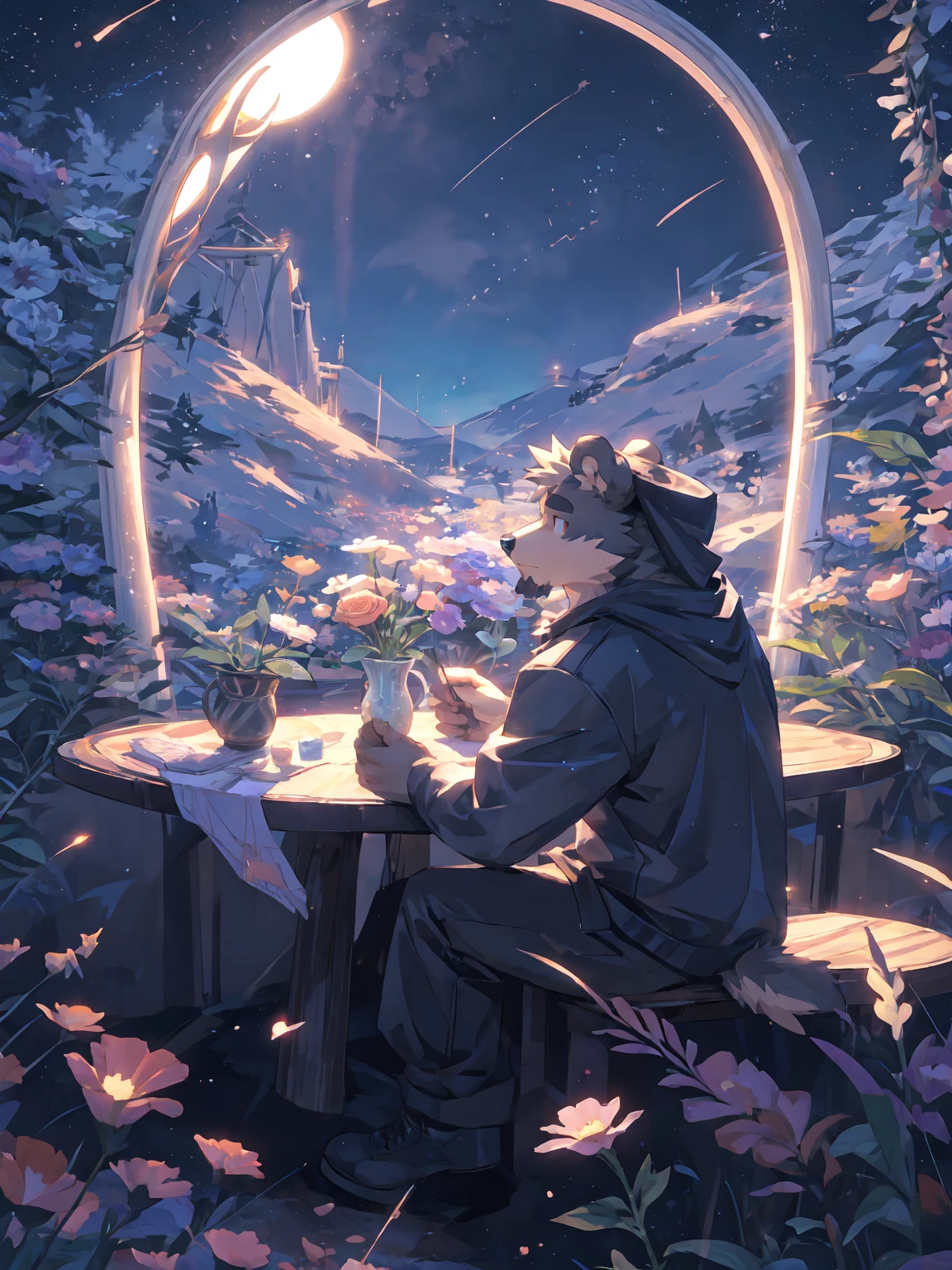 (masterpiece:1.2), best quality,pixiv,official art,perfect anatomy, (Ray tracing, light),solo, (1_male:1.3) , (muscle), (grey fur:1.4), (muscle bear), (beard:1.2), (gleaming golden eyes), bear tail, full body, Thick black eyebrows,(open short hoodie), (naked inside:1.2),cargo shorts, black short boots, red scarf, indoor,flower, petal, skyline, blue sky, cold tone, star, sky, cosmos, starry, rose, planet ,milky way, sitting