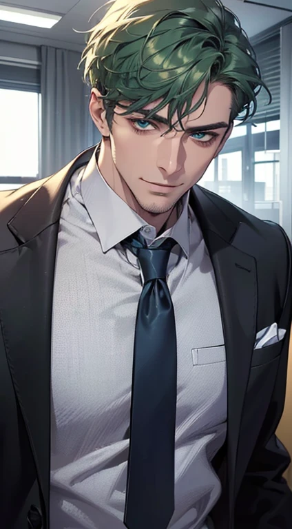 (best quality,4k,8k,highres,masterpiece:1.2),ultra-detailed,(realistic,photorealistic,photo-realistic:1.37),1 man,3,mature man,very handsome,without expression,smile,short green hair,blue eyes,penetrating gaze,perfect face without errors,imposing posture,businessman,office background,cinematic lighting,hdr image