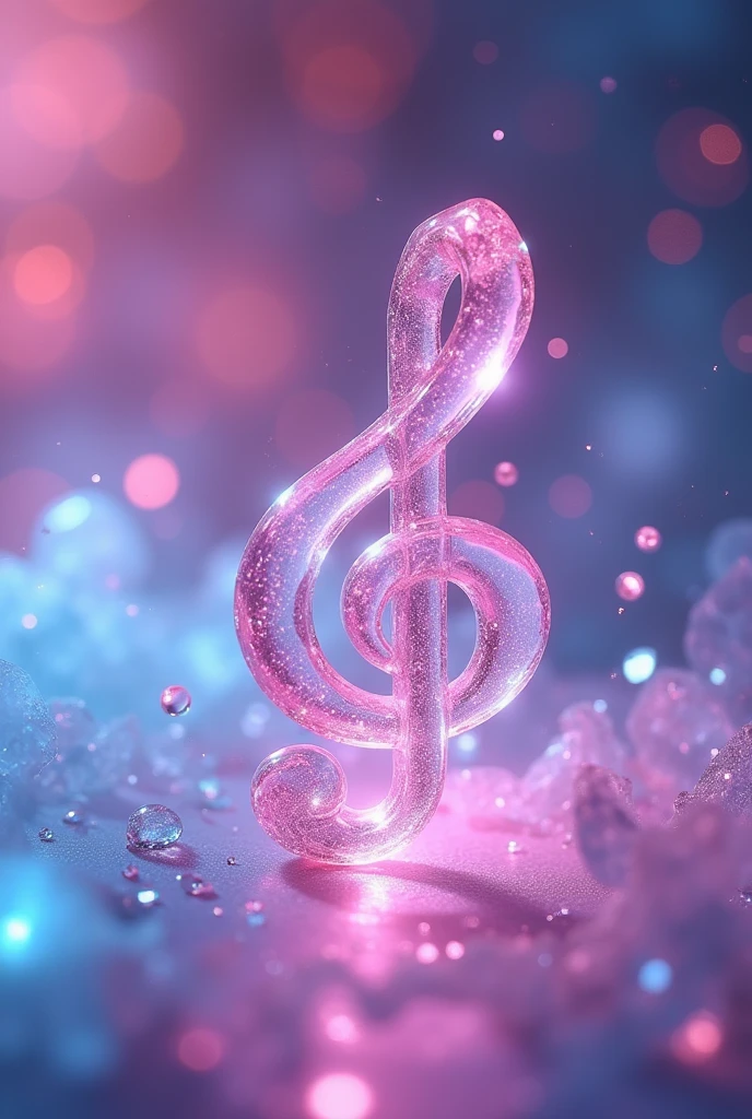 Create a 𝄞: symbol made of pink-blue crystal (hologram effect), glass material, soft glow, beautiful bright hologram background