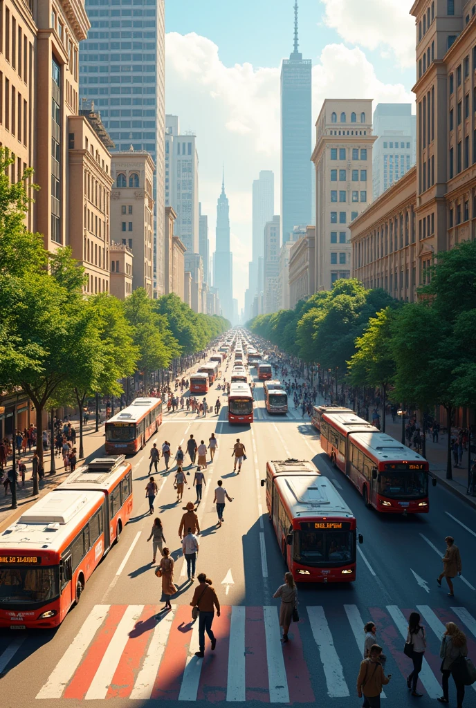 Beautiful image of the city with its buildings and streets with buses and people crossing and gardens  