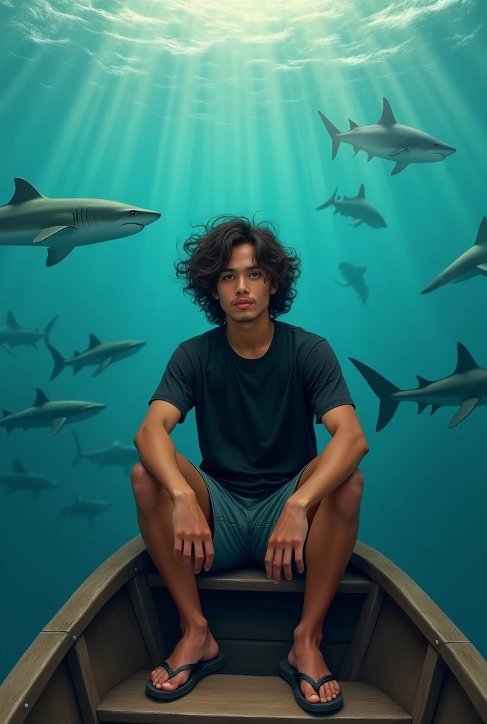 A 25 year old Indonesian man with long curly hair wearing a black t-shirt, shorts, flip-flops, sitting on a boat in the sea with sharks swimming.