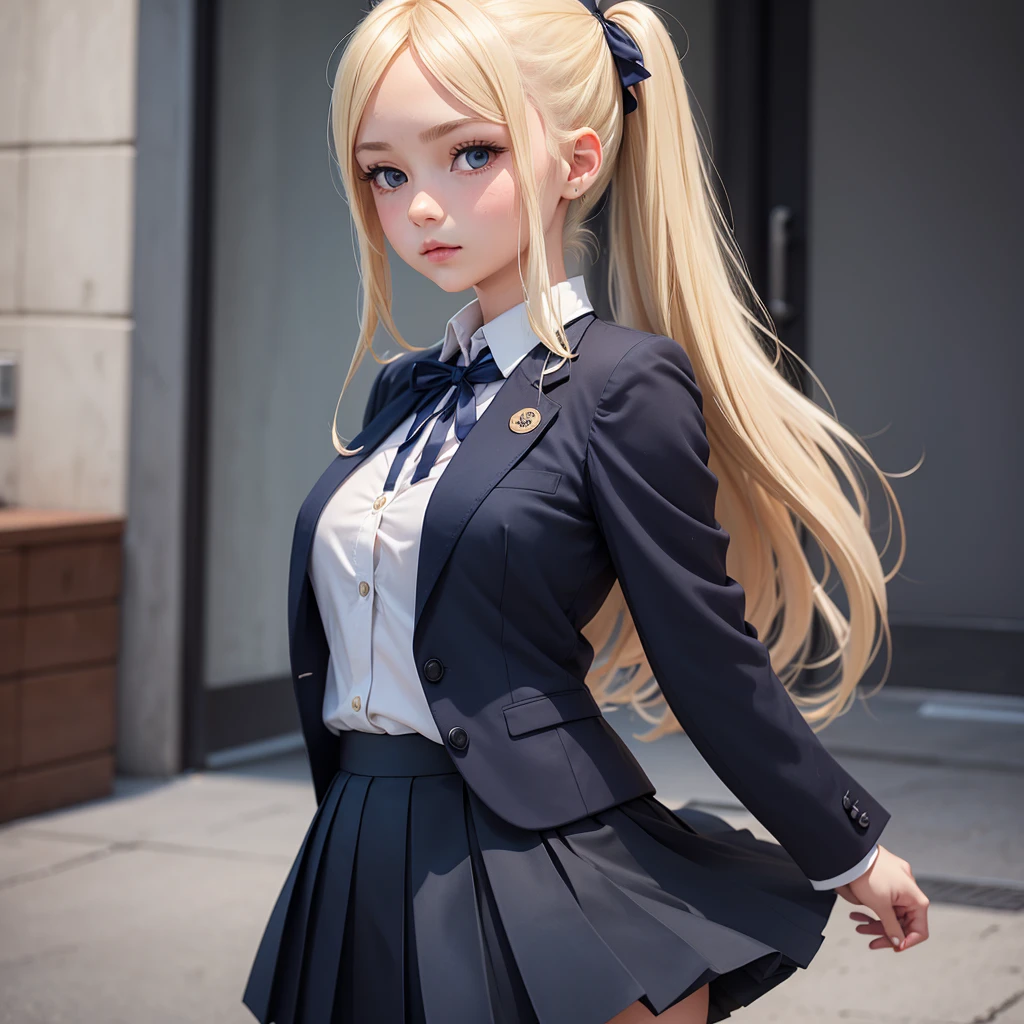 Blonde girl wearing a white shirt, a pleated navy skirt, a black blazer and a navy ribbon on her pigtails