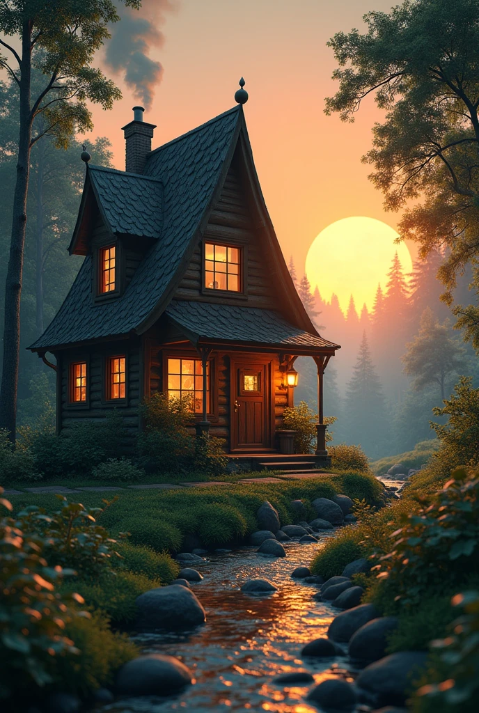 Retro Images，Storytelling，Forest House，The house where the tree frog lives，Ultra-realistic，high resolution，背景は三角屋根のレトロなForest House，There is a chimney on the left side of the roof.，Smoke is rising from the chimney，Sunset in the background，The white full moon is beautiful，Light leaks through the window，looks fun，There is a stream in front of the house

