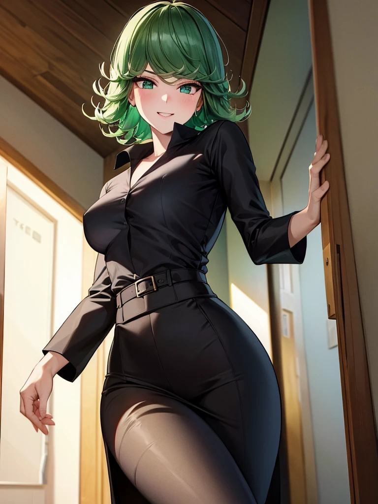 (high res, 8K, masterpiece, looking at viewer, best quality, very aesthetic, ultra detailed, ultra background, ultra Eyes) intricate details, 1girl, Tatsumaki, Wear white long sleeved shirt, long black pants, black loafers, green short hair, green eyes, smile face, Cheeks Flushed, Facing the camera, Background campus hallway, Cinematic Angle