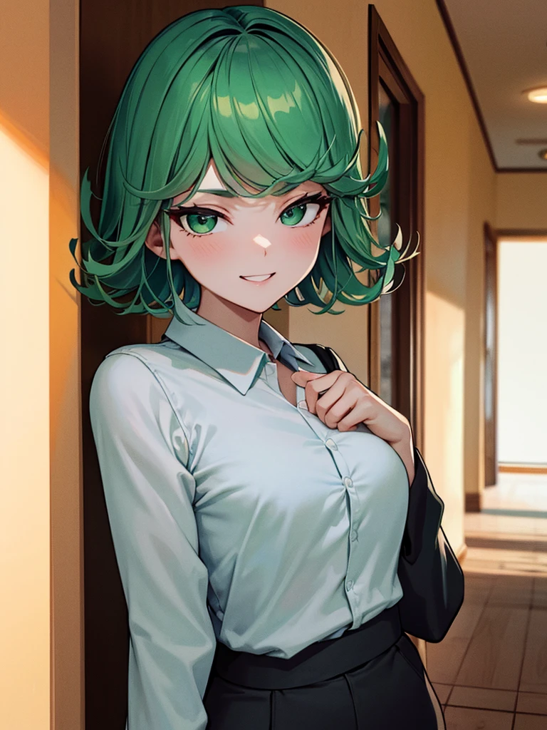 (high res, 8K, masterpiece, looking at viewer, best quality, very aesthetic, ultra detailed, ultra background, ultra Eyes) intricate details, 1girl, Tatsumaki, Wear white long sleeved shirt, long black pants, black loafers, green short hair, green eyes, smile face, Cheeks Flushed, Facing the camera, Background campus hallway, Cinematic Angle