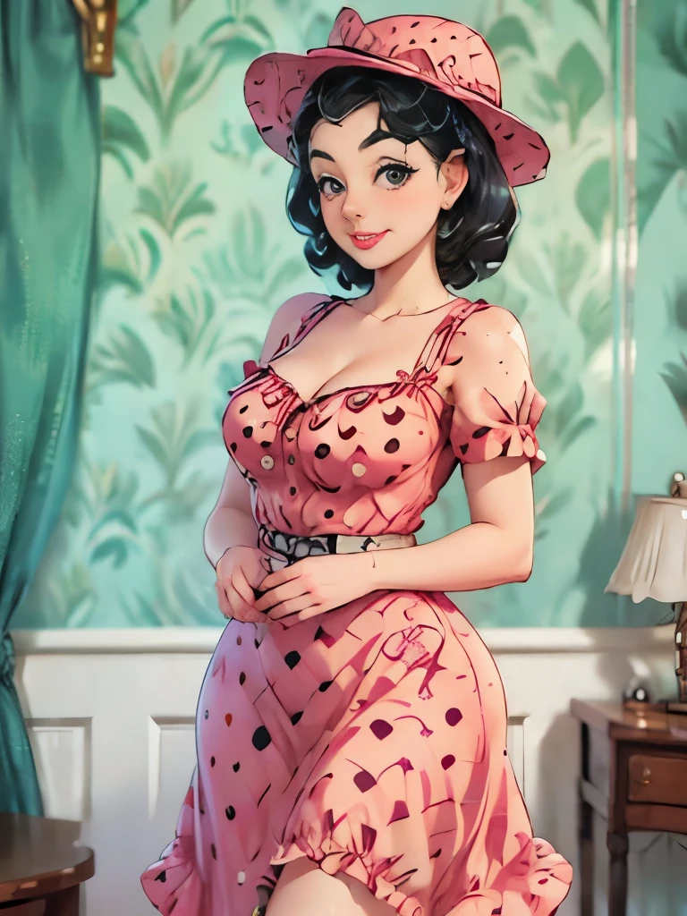 woman in polka dot dress and hat holding red purse, pinup style, rockabilly style, dressed like in the 1940s, by Aneurin Jones, vintage dress, sixties pinup, 50s style, 5 0 s style, ww2 era, in a dress, retro pinup model, pinup pose, 1950s vibes, polka dot