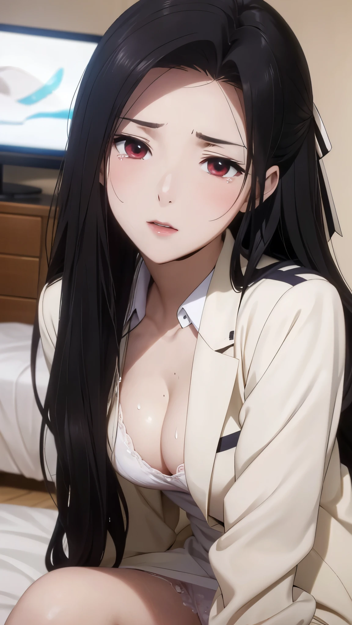 1 personの, alone, masterpiece, Highest quality, The Irregular at Magic High School,Mayumi Saegusa、Mayumi Saegusa、Red Eye,  eyelash, Black Hair, Long Hair, Back ribbon, High School Uniform,  White dress shirt, Collared dress, Jacket, 緑のJacket, cropped Jacket, open Jacket, Long sleeve,, (masterpiece: 1.3), (Maximum resolution: 1.2), (Ultra HD TV: 1.2), Cinematic Light, 8k resolution, Detailed facial features , (Sharp focus: 1.2）, (Focus on the face:1.2),Perfect Style, Beautiful Face, Acura, Anatomically correct, Highly detailed face and skin texture, Beautiful Eyes,Beautiful Eyes, Thin eyebrows, Natural Cheeks, Glowing Skin, Fair skin: 1.2, (Glossy Lips: 1.4),、 (Embarrassed look: 1.2),Highly detailed face and skin texture, Natural Cheeks, , Glossy Lips: 1.4,Perfect Style、Cleavage、Soft Breasts、（Semen on chest:1.6）（Cum on thighs 1.5）、 Sperm on tongue、Drenched in sweat、Wet clothes、blush、A humiliating look、Anxious expression、Frightened expression、Embarrassed look、Glare、anger、sorrow、tears、（Open your knees:1.5）、（Open your crotch to show your panties:1.8）、 White underwear、Disheveled clothes、sweating、Thin underwear、18-year-old、 clear, A clean-cut woman,1 person、 Upward-facing chest, Black Hair、Beautiful Eyes、Torn clothing、Blowjob gestures、At the bed、（On my back、At the bedLying down、Lying down、White sheets:1.7）、avert your eyes、