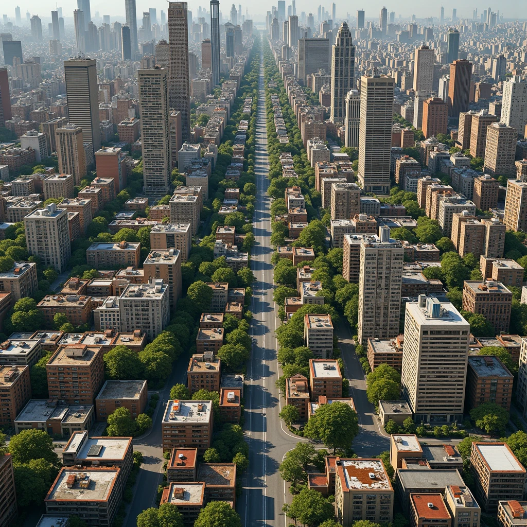 A city, On the right, a sector of tall and opulent buildings and on the left, a sector of poor and small houses without green areas without green areas. They are two sectors of a city that represent social inequality. The two sectors are seen on the same plane side by side..