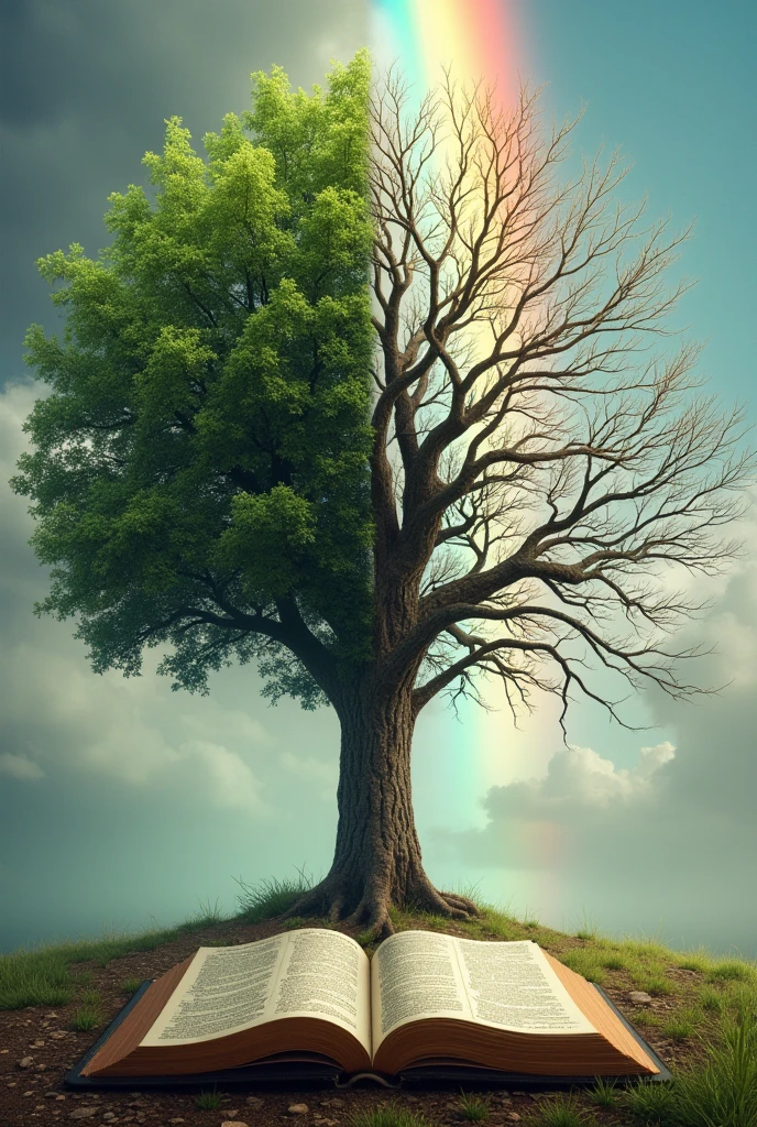 Image of a tree half green, half just branches, with a rainbow in the background and an open Bible on the ground
