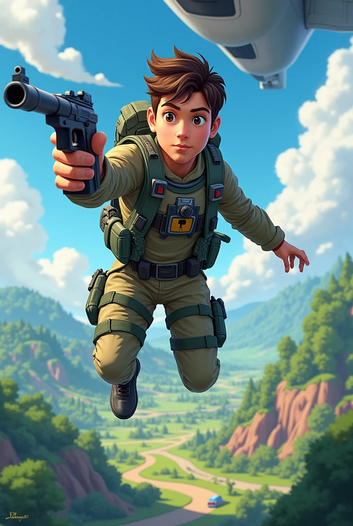 A male teenage character from a battle royale game, jumping out of the plane with a gun in his hand. Cartoon graphic