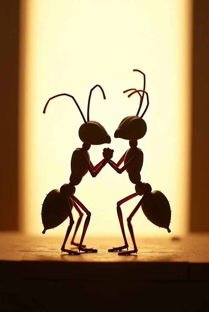 Two ants dancing tango against the light