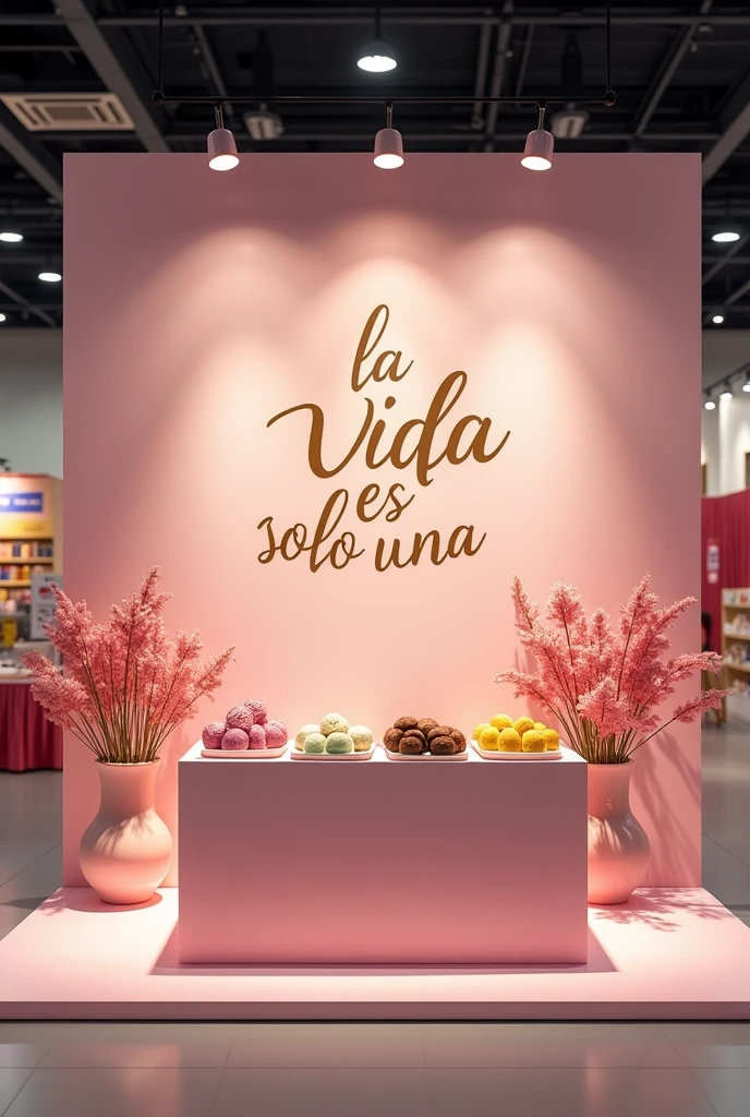 Create a realistic booth on just one rectangular cookie business fair table, Please use the cookie logo at the stand (the brand logo) use pastel colors. The logo is a "g" and the phrase "life is just one" both in italics please.
in Spanish
