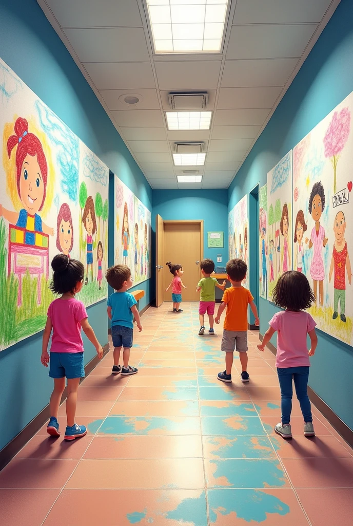 School hallway with walls covered in drawings of small children on the walls at the children's height