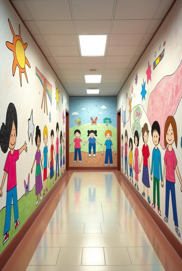 School hallway with walls covered in drawings of small children on the walls at the children's height