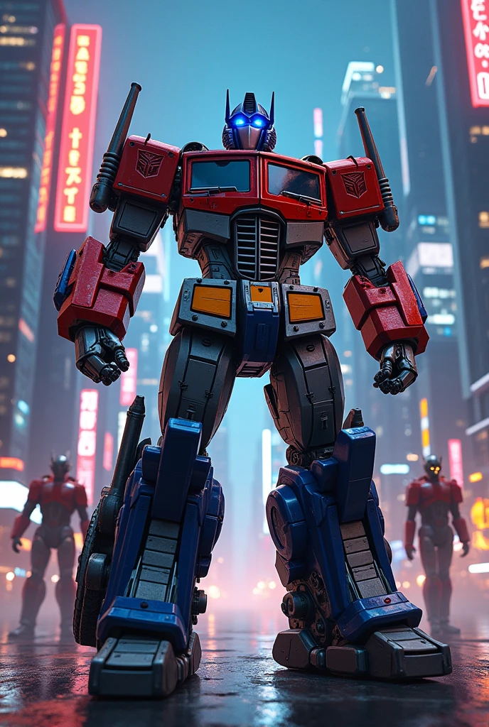 a highly detailed, cinematic, 8k, hyperrealistic, intricate, futuristic, mecha-inspired, mechanical, robotic, cyberpunk, science fiction, techno, action-packed scene featuring Optimus Prime from Transformers alongside a Gundam mech and Ultraman, all rendered in a dynamic, dramatic, and awe-inspiring composition with advanced lighting, cinematic camera angles, and meticulous attention to detail