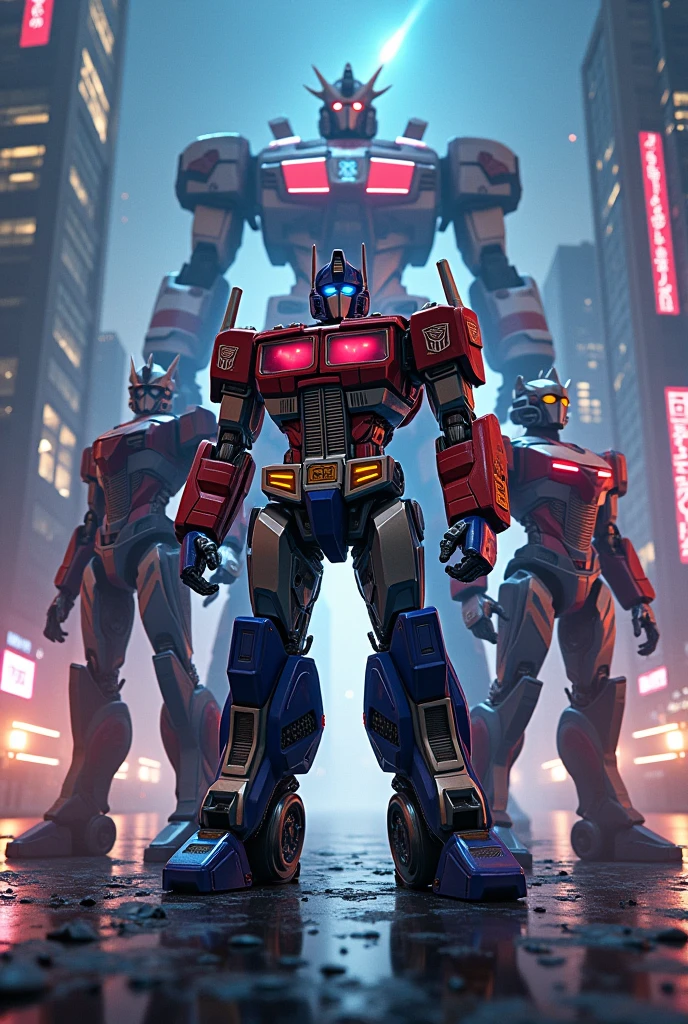 a highly detailed, cinematic, 8k, hyperrealistic, intricate, futuristic, mecha-inspired, mechanical, robotic, cyberpunk, science fiction, techno, action-packed scene featuring Optimus Prime from Transformers alongside a Gundam mech and Ultraman, all rendered in a dynamic, dramatic, and awe-inspiring composition with advanced lighting, cinematic camera angles, and meticulous attention to detail