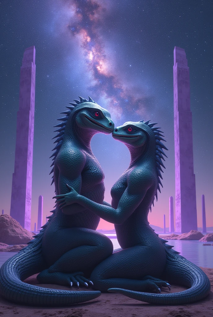 Male and female reptilian sensualize looking at the starry sky with a galaxy . In the background we see purple obelisks