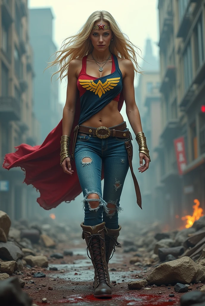 A beautiful woman with long blonde hair wearing a red and blue top with a yellow eagle-like emblem on her chest with ripped blue jeans, boots and gold bracelets, headband with a red star on her forehead screaming exhausted after an extensive battle blood all around her in a cold and dark apocalyptic city bloody and scary images