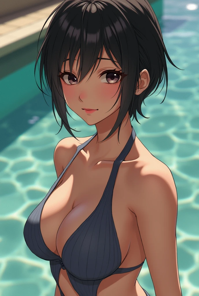 ((Best quality, 8k, Masterpiece :1.3)),slingshot swimsuit,japanese,(short cut hairstyles, Huge breasts),Ultra-detailed face, Detailed eyes, Double eyelid,((Low Angle Shot)),