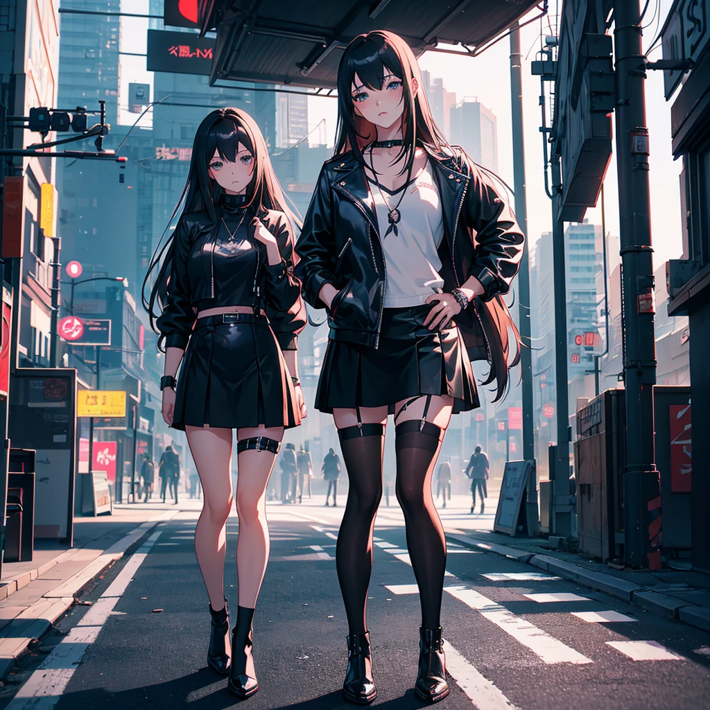 Anime girl in leather skirt and black fun lingerie standing on city street, Long-haired Ilya Kuvshinov, Guviz style artwork, anime art wallpaper 8 k, Guvitz on the art station Pisif, Guwiz on Pisiv Art Station, Cyberpunk Anime Art