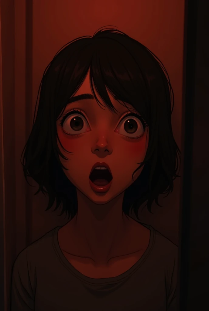 a person with a very surprised expression, in a room with low red lighting