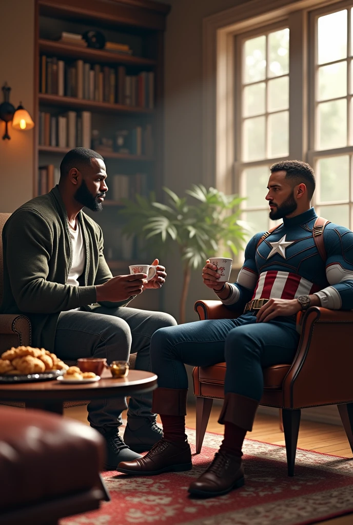 Lebron James taking a tea with Captain America