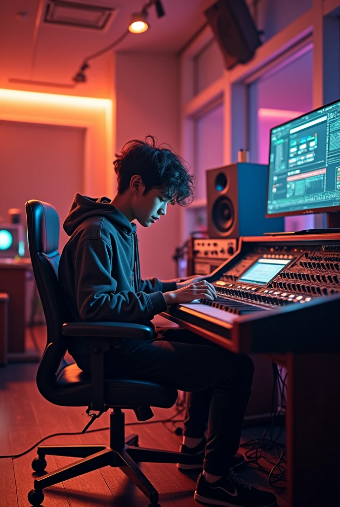 Image of a boy playing music in a university studio


